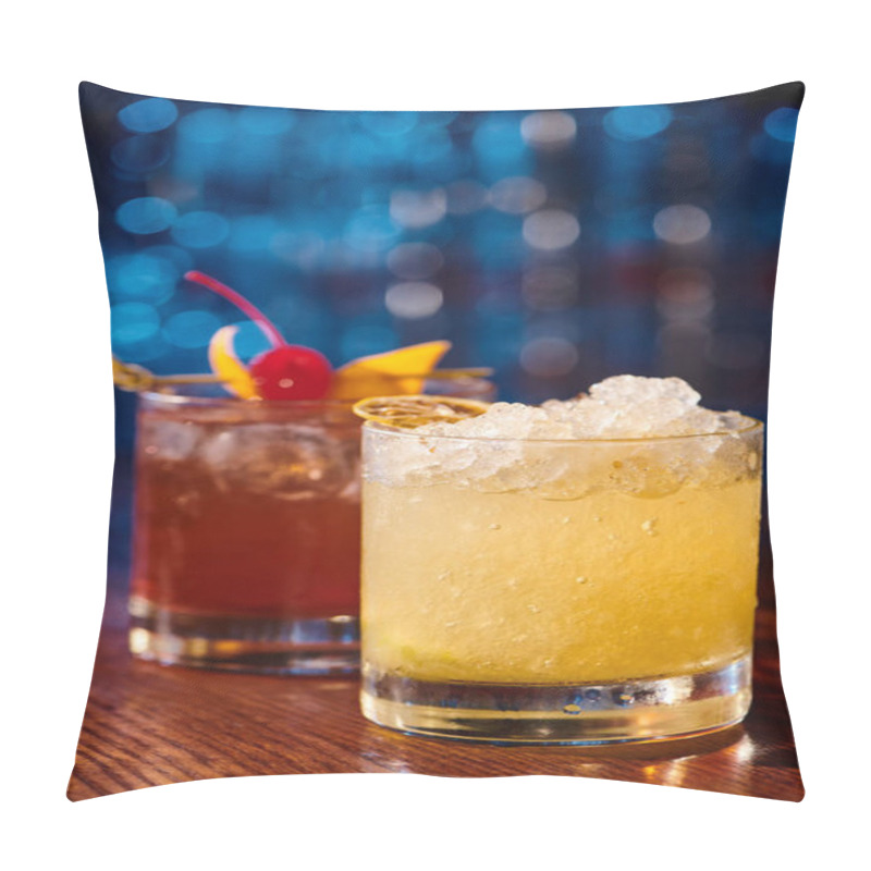 Personality  Exotic Caipirinha And Negroni Garnished With Ice And Fruits With Bar On Backdrop, Concept Pillow Covers