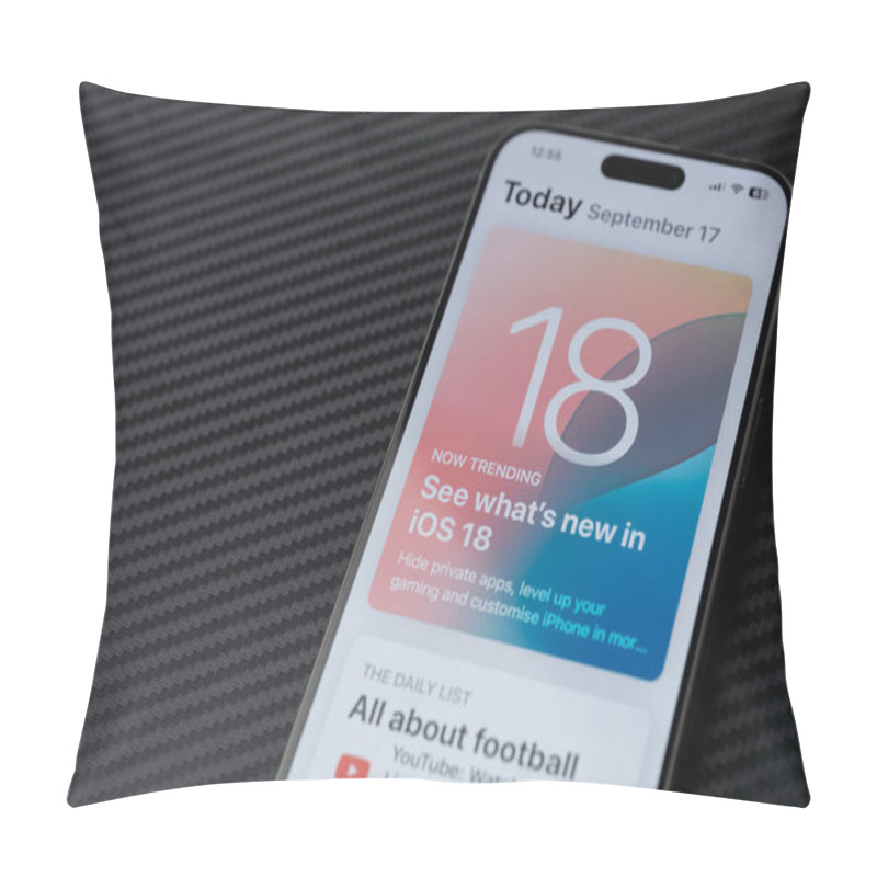 Personality  New York, USA - September 17, 2024: Updating Iphone Firmware To IOS 18 On Screen Macro Close Up View  Pillow Covers