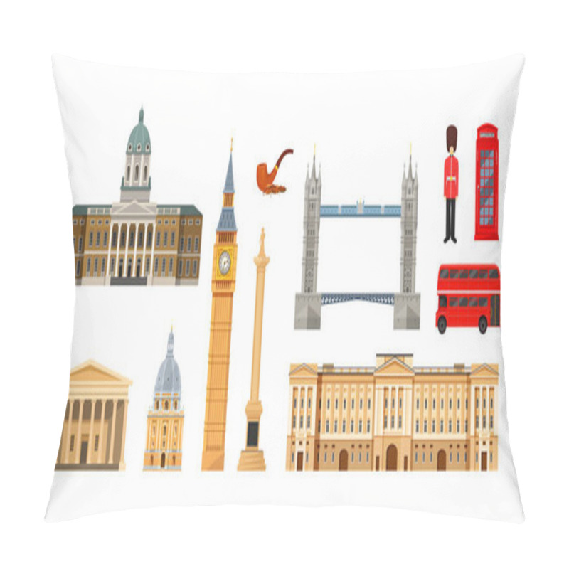 Personality  England British UK Traditional Set. Great Britain Ethnic Cultural Elements Big Ben, Trafalgar Square, Buckingham Palace, Tower Bridge, Bus, Museum, Telephone Booth, Gallery, Royal Guard Flat Vector Pillow Covers