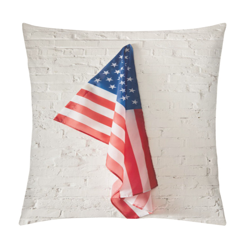 Personality  United States Of America Flag Hanging On White Brick Wall  Pillow Covers