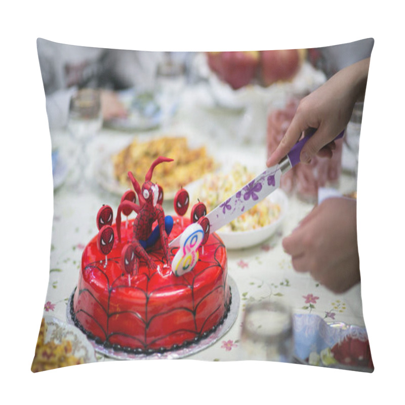 Personality  A Hand Cuts A Cake In The Shape Of Spider Man Pillow Covers