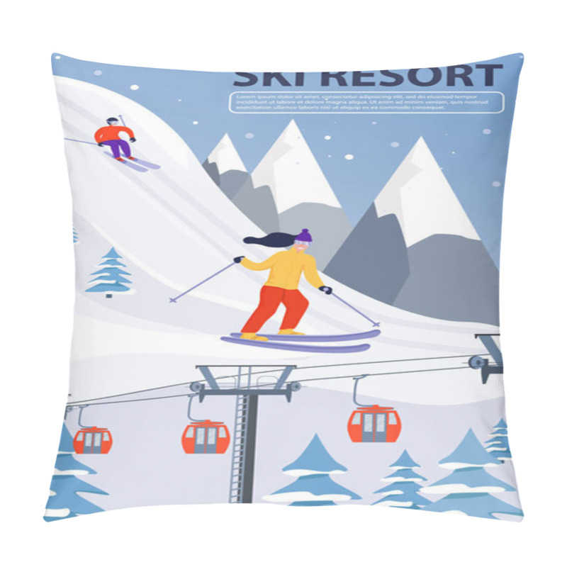 Personality  Ski Resort Banner Illustration With Ski Lift And Skiers. Sportsmans Slide Down The Slopes. Pillow Covers