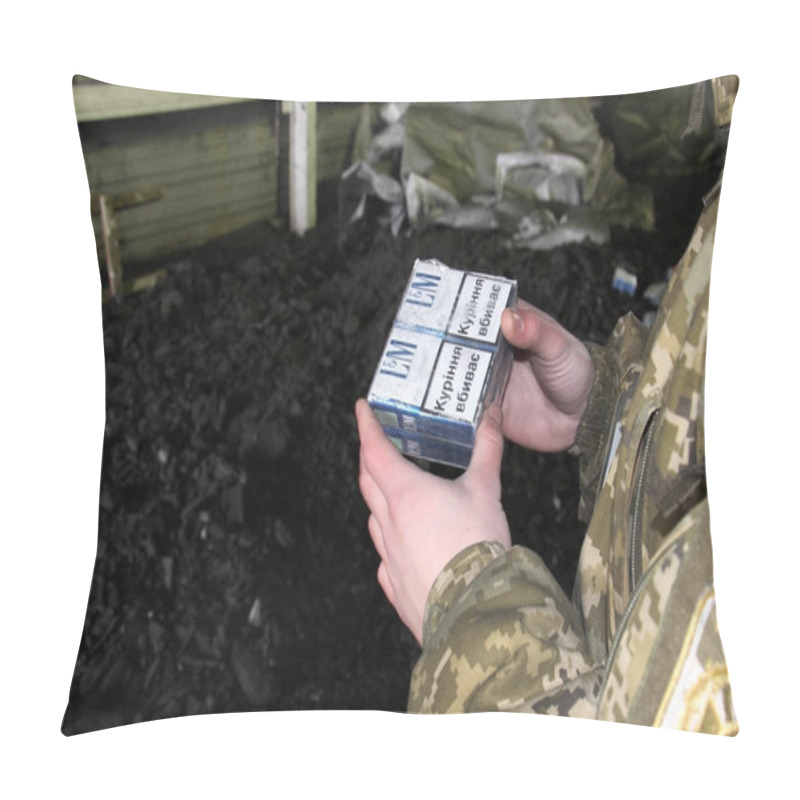 Personality  The Border Guard In Camouflage Uniform Holds Smuggling Cigarette Pillow Covers