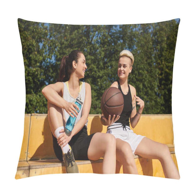 Personality  Two Young Women Sit Closely, Holding A Basketball, Enjoying A Game Outdoors On A Sunny Summer Day. Pillow Covers