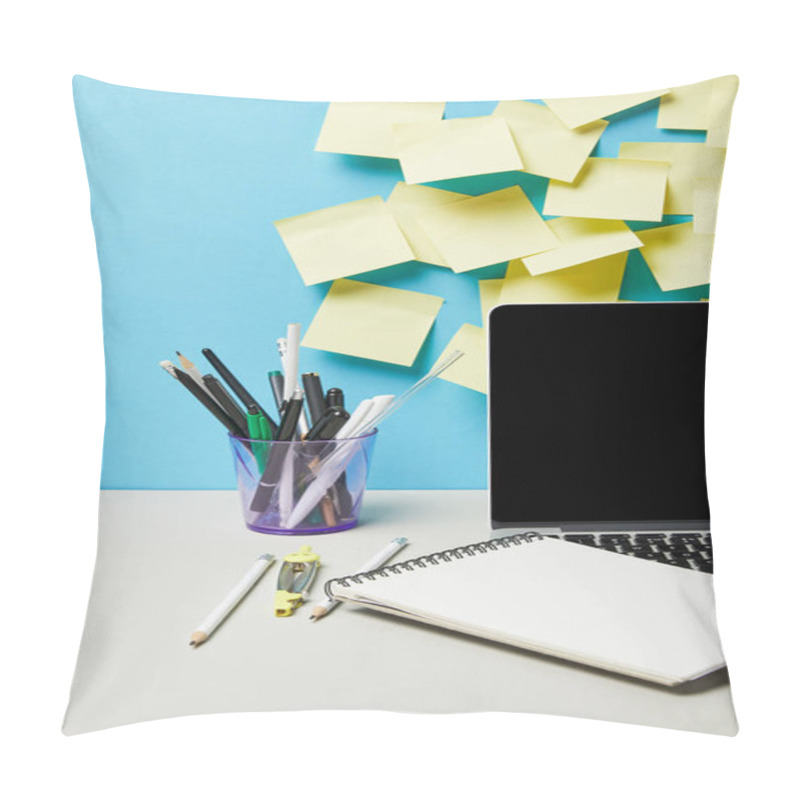 Personality  Laptop With Blank Screen Near Sticky Notes, Glasses And Stationery On Blue And White  Pillow Covers