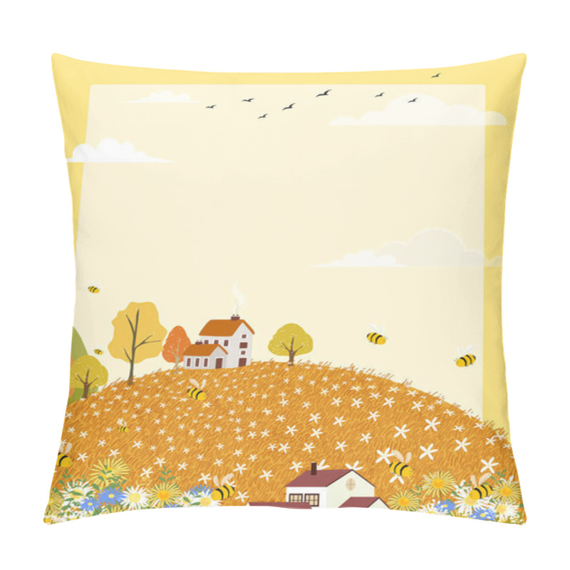 Personality  Vector Landscapes Of Countryside In Autumn,Panoramic Of Cute Cartoon Village In Mid Autumn With Field, Mountains, Wild Flower And Apples Trees In Yellow Foliage. Fall Season Background Pillow Covers