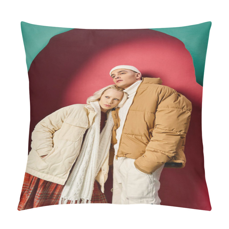 Personality  Young Romantic Couple In Winter Outfits Standing Together Near Torn Turquoise And Red Background Pillow Covers