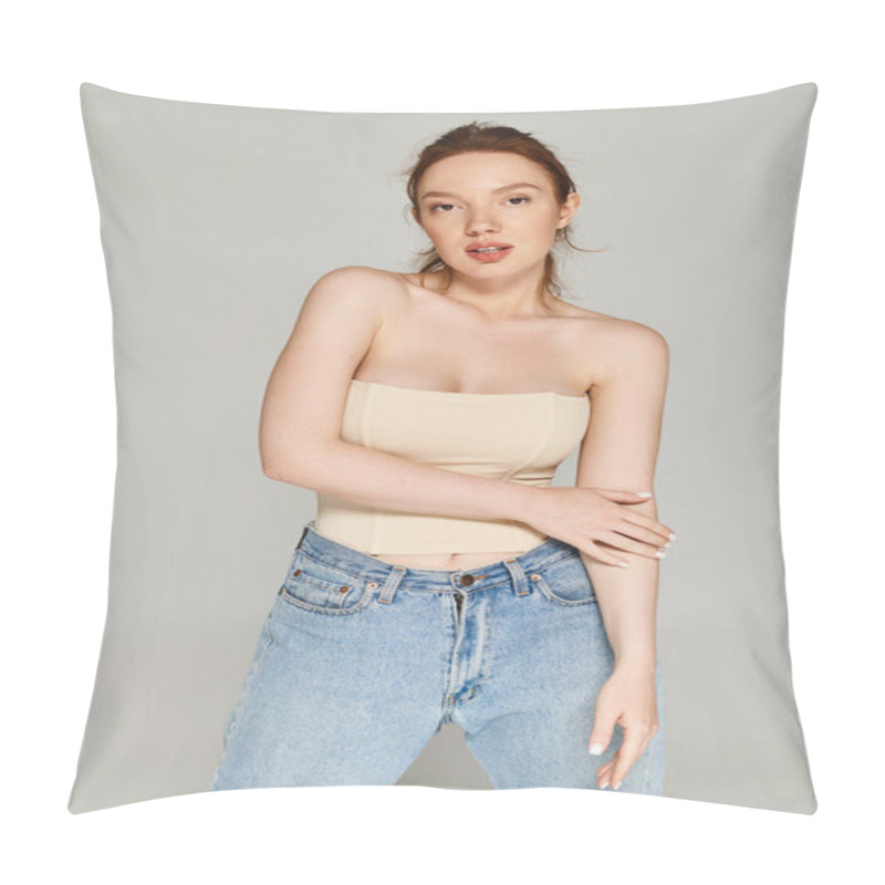 Personality  A Woman Exudes Confidence In Jeans And A Tank Top. Pillow Covers