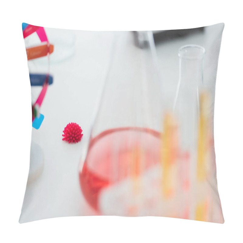 Personality  Selective Focus Of Coronavirus Bacteria Model Near Blurred Flasks In Lab Pillow Covers