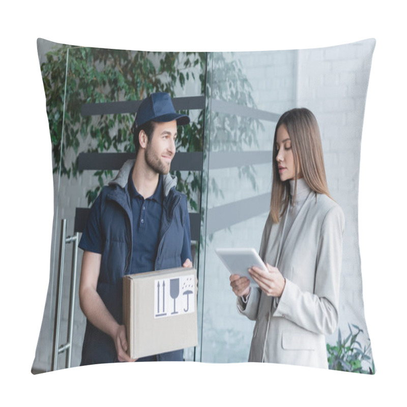 Personality  Young Woman Holding Digital Tablet Near Smiling Delivery Man With Carton Box In Hallway  Pillow Covers