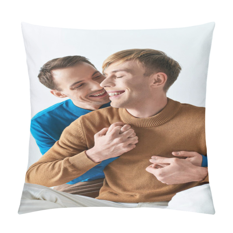 Personality  Two Men Sitting On A Bed, Smiling Joyfully. Pillow Covers