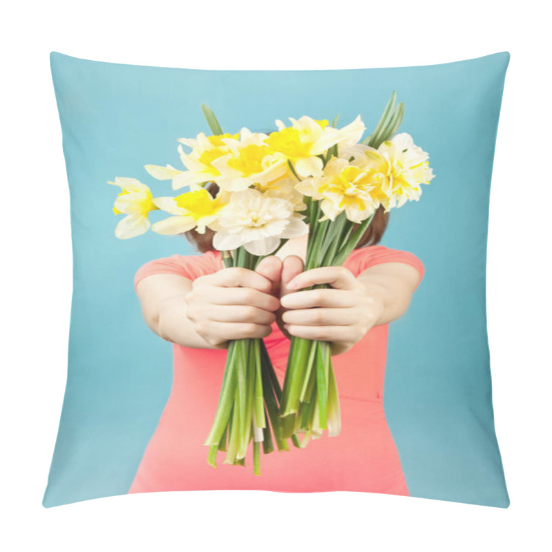 Personality  Beautiful Woman With Flowers On Blue Background Pillow Covers