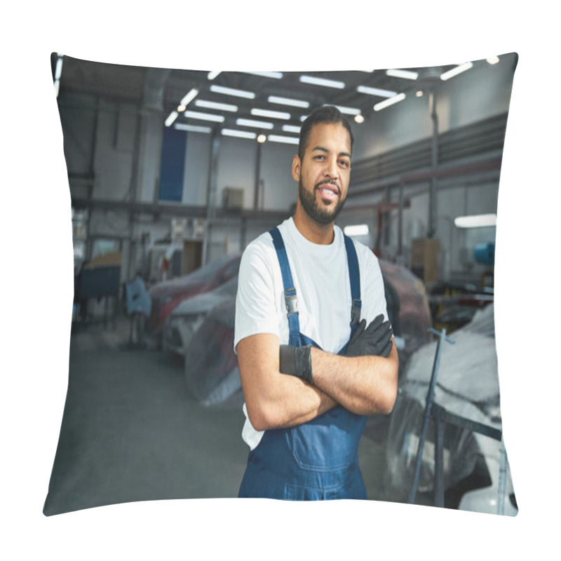 Personality  Handsome Mechanic Stands Proud In A Vibrant Automotive Workshop With Tools Around. Pillow Covers