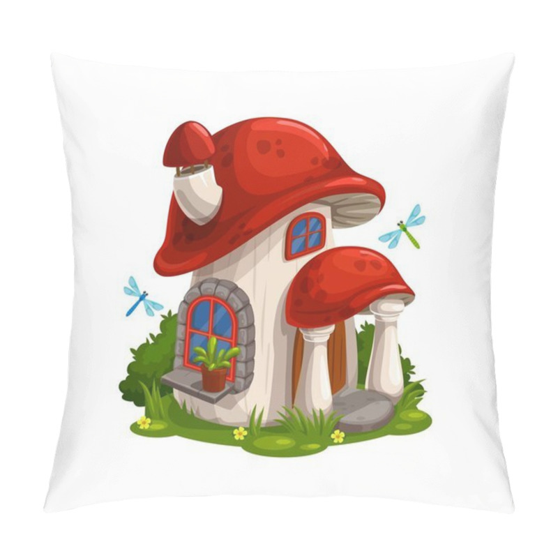 Personality  Gnome, Dwarf Fairytale House Or Hut In Mushroom Cartoon Vector. Fairy Creature Magic Home With Chimney On Red Roof, Canopy Over Stone Porch, Flowerpot On Windowsill And Dragonfly Flying Over Bushes Pillow Covers