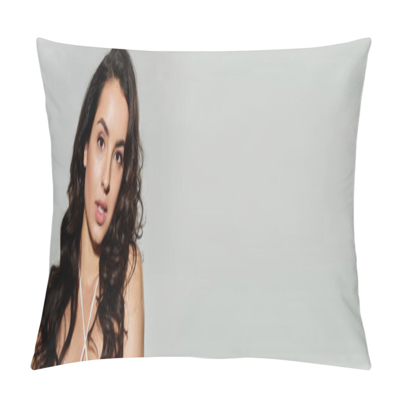 Personality  Young Woman With Dark Long Hair Posing Actively. Pillow Covers