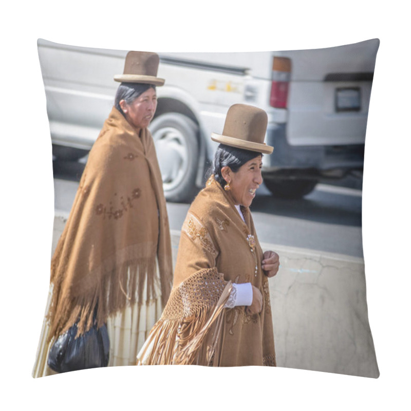 Personality  LA PAZ, BOLIVIA - April 30, 2016: Traditional Women (Cholitas) In Typical Clothes During 1st Of May Labor Day Parade - La Paz, Bolivia Pillow Covers