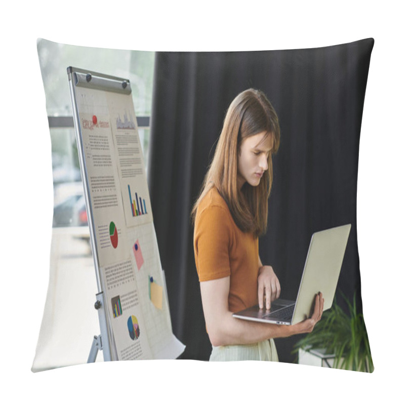 Personality  The Individual Focuses Intently On Their Laptop While Surrounded By Visual Data Displays. Pillow Covers