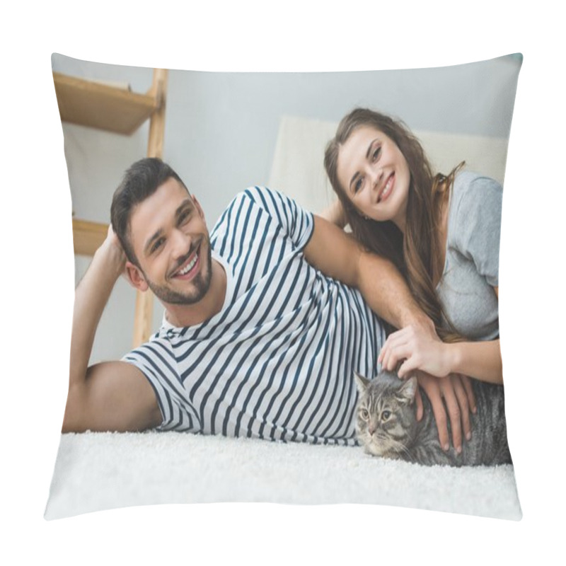 Personality  Beautiful Young Couple Lying On Floor With Adorable Tabby Cat Pillow Covers