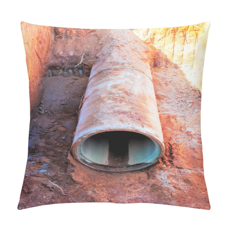 Personality  During Worker Preparing Drainage System With Large Concrete Pipe At Construction Site, Pipe Laying Concrete Pipe Pillow Covers