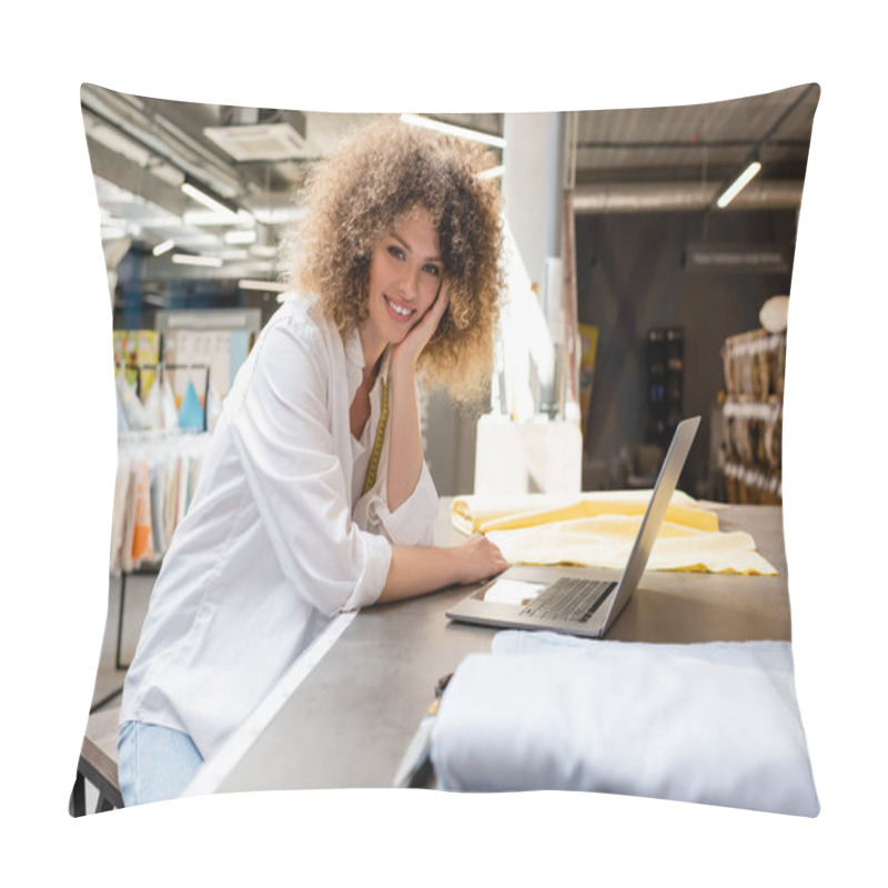 Personality  Curly Saleswoman With Measuring Tape Smiling Near Laptop And Fabric Rolls In Textile Shop  Pillow Covers