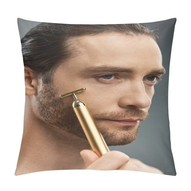 Personality  Shirtless Bearded Man Carefully Holds A Golden Razor In His Hand Against A Grey Studio Backdrop. Pillow Covers