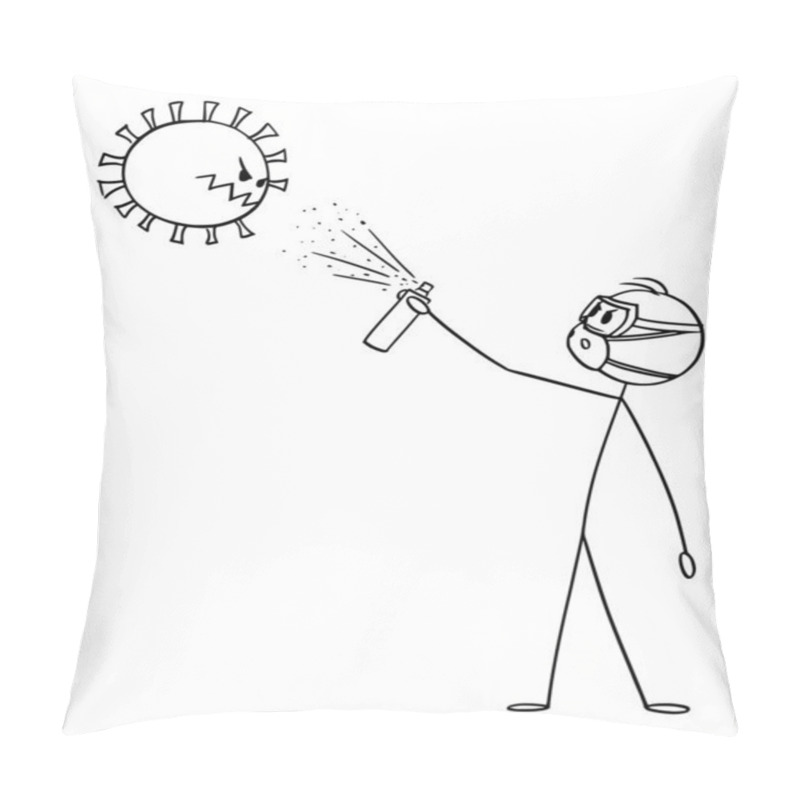 Personality  Vector Cartoon Illustration Of Man Wearing Face Mask Using Disinfection On Bacteria, Coronavirus Or Covid-19 Virus Pillow Covers