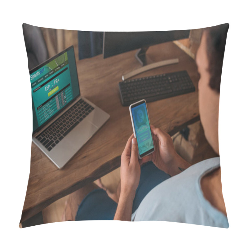 Personality  Cropped View Of Male Freelancer Working On Smartphone And Laptop With Sportsbet In Home Office During Self Isolation Pillow Covers