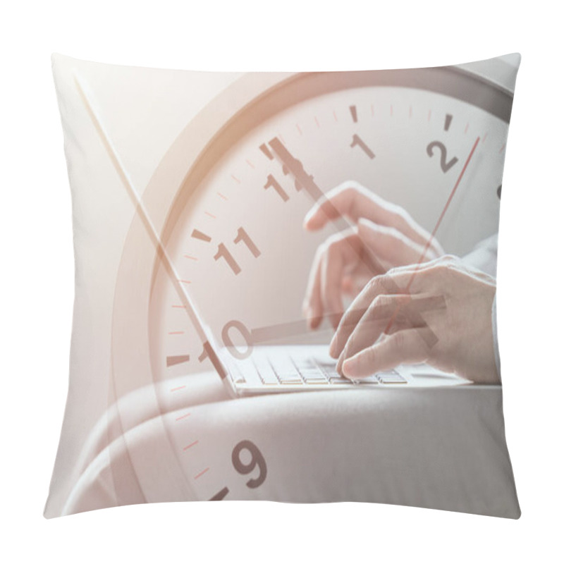 Personality  Business Times Working Hours With Digital Communication Technology Concept. People Work Typing On Laptop Computer Overlay With In Time Clock. Pillow Covers