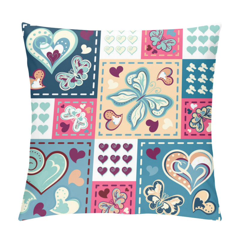 Personality  Seamless Background With Butterflies Hearts In Patchwork Style. Vector Illustration Pillow Covers