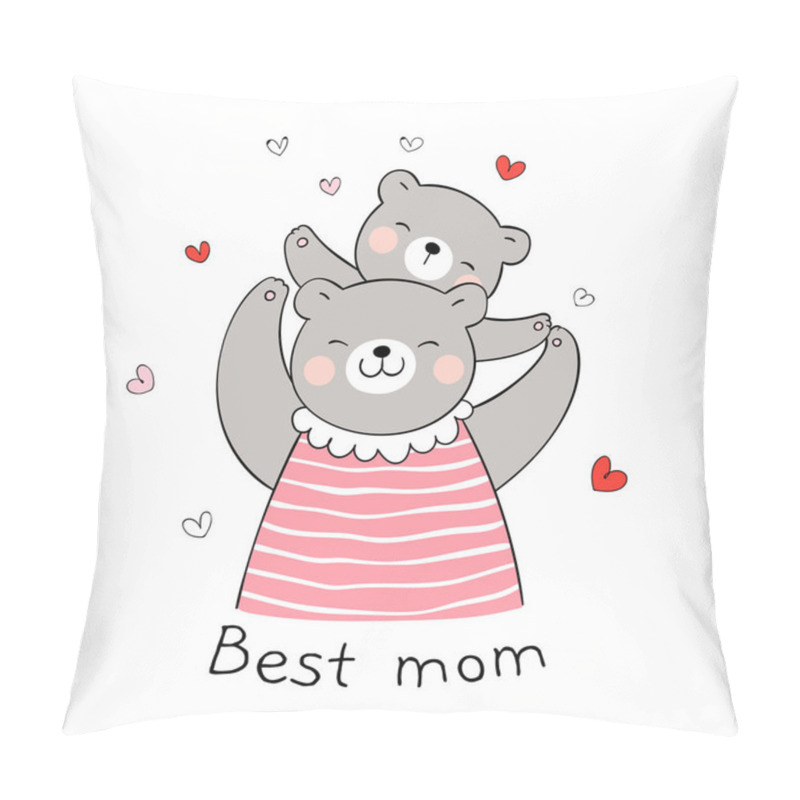 Personality  Draw Banner With Bear Mom And Baby With Little Hearts Isolated On White Background Pillow Covers