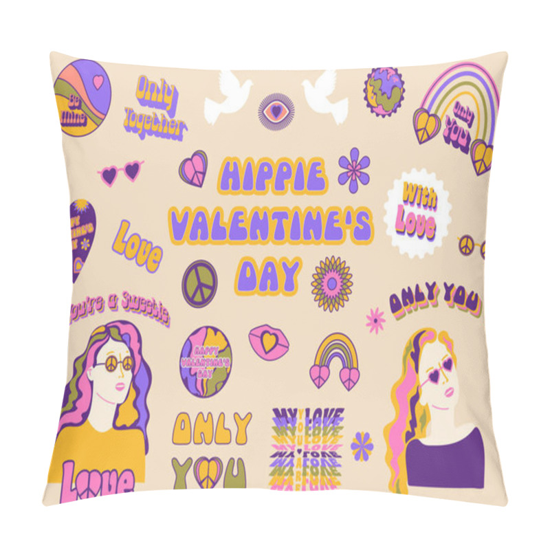 Personality  Retro 70s Hippie Girl. Psychedelic Groovy Stickers For Happy Valentines Day. Set With Peace, Love Sign. With Love, Only You Text. Woman With Glasses Pillow Covers