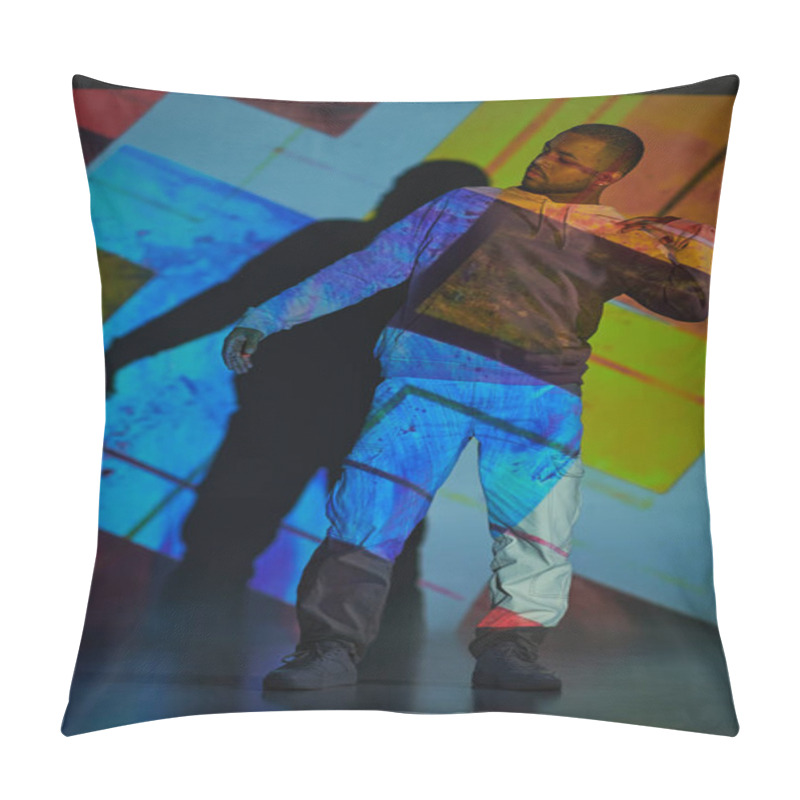 Personality  African American Man Standing And Gesturing With Hands In Digital Projector Lights, Fashion Concept Pillow Covers