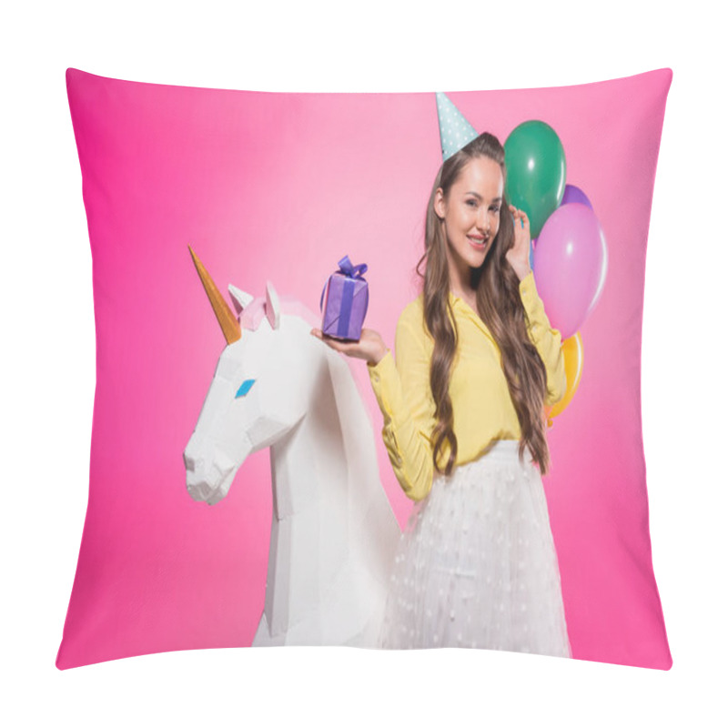 Personality  Beautiful Woman With Party Hat And Present Isolated On Pink Pillow Covers