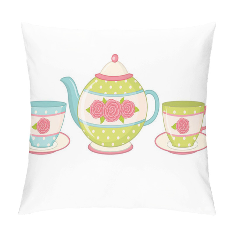 Personality  Vector Tea Pot With Tea Cups And Saucers Pillow Covers