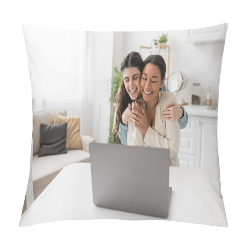 Personality  Happy Lesbian Woman Hugging Multiracial Girlfriend With Engagement Ring On Finger Near Laptop During Video Call  Pillow Covers