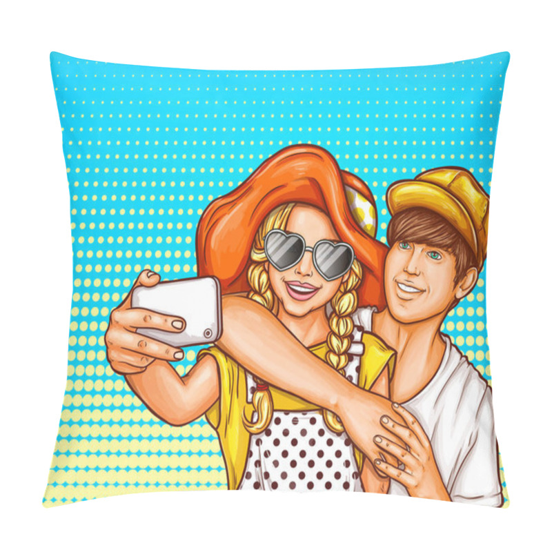 Personality  Young Girl And Boy Making Selfies  Pillow Covers