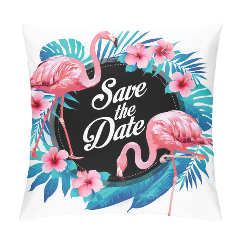 Personality  Blue Summer Tropical Palm Leaves With Exotic Flamingo And Hibiscus Flowers. Vector Floral Background. Pillow Covers