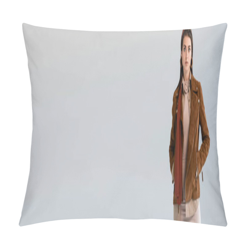 Personality  Website Header Of Attractive, Trendy Girl Posing With Hands In Pockets Isolated On Grey Pillow Covers