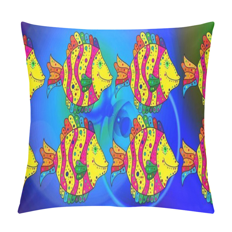 Personality  Fishes On Blue, Yellow And Green. Repeating Geometric Tiles With Fish. Sketch Pattern. Raster. Modern Stylish Texture. Pillow Covers