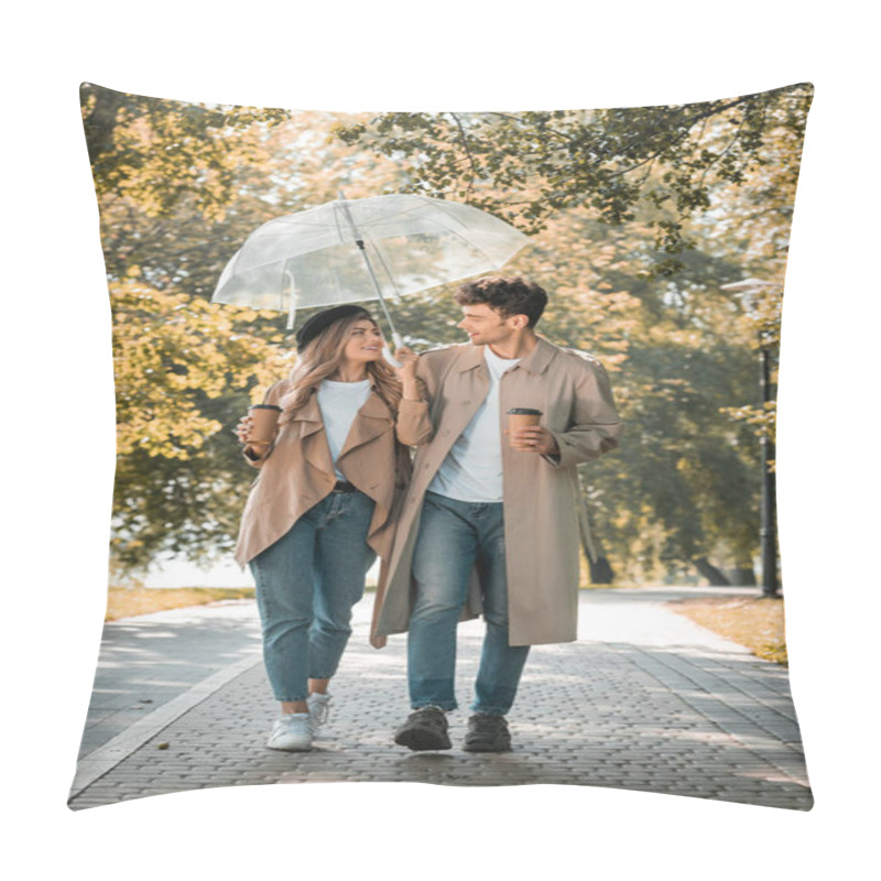 Personality  Couple In Trench Coats Walking Under Umbrella And Holding Paper Cups With Coffee To Go Pillow Covers