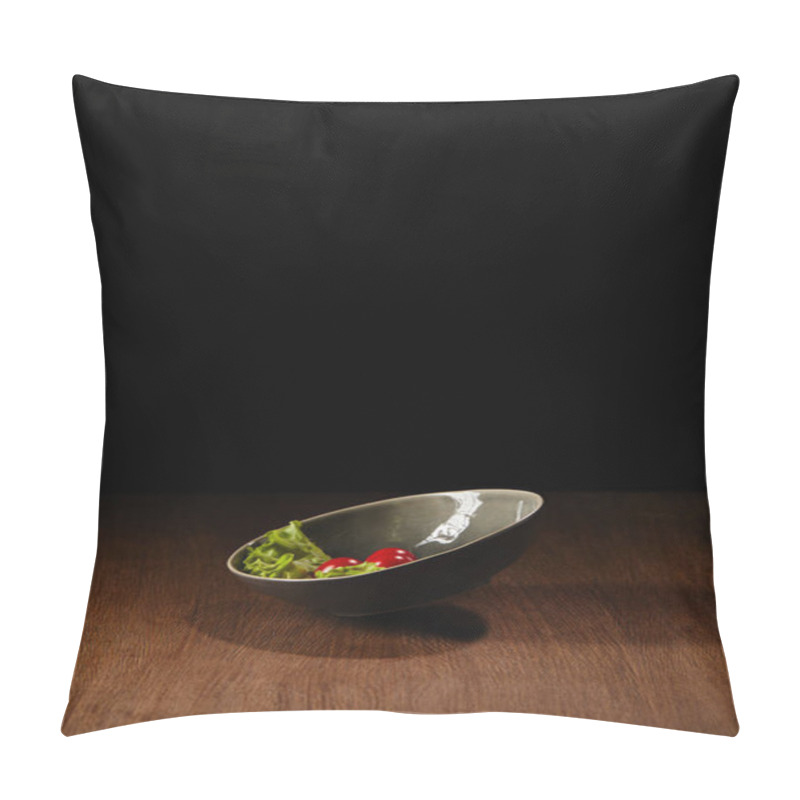 Personality  Ripe Tomatoes And Salad Leaves In Bowl On Wooden Table  Pillow Covers