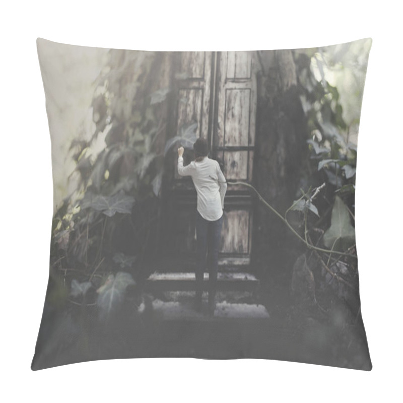 Personality  Traveling Woman Looking For Shelter In A Tree House In A Surreal Forest Pillow Covers