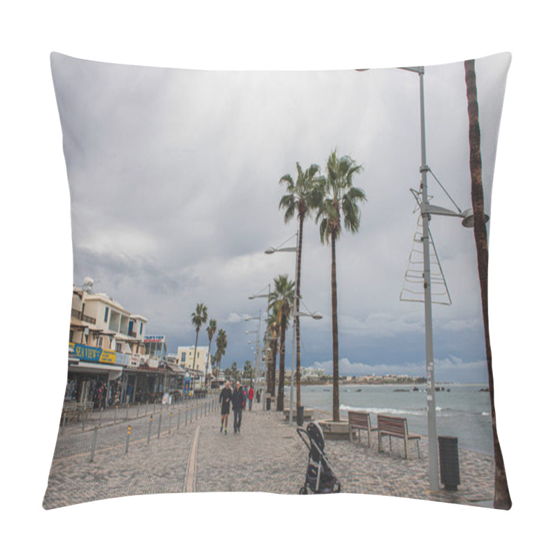 Personality  PAPHOS, CYPRUS - MARCH 31, 2020: Baby Carriage Near Sea Shore, People And Palm Trees  Pillow Covers