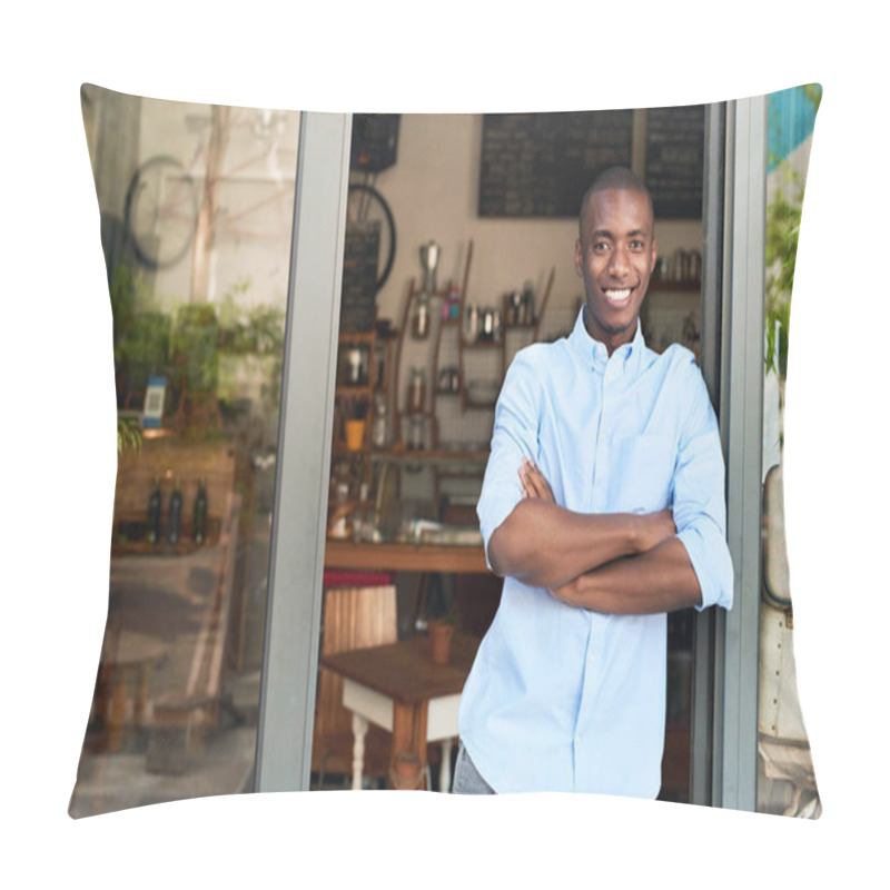 Personality  Entrepreneur Standing At Entrance Of Cafe  Pillow Covers