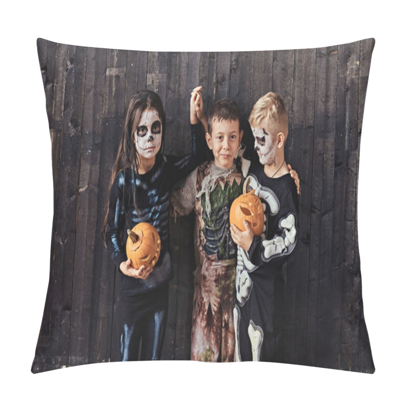 Personality  Three Cute Kids In Scary Costumes During Halloween Party In An Old House. Pillow Covers