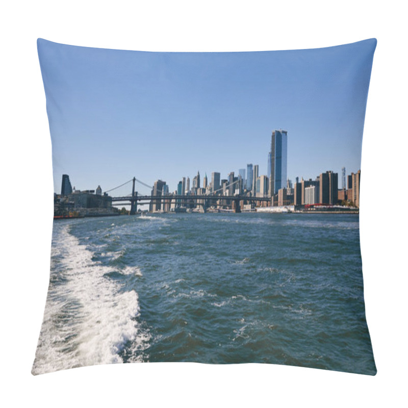 Personality  A View Of The New York City Skyline, Including A Bridge, From The Water. Pillow Covers