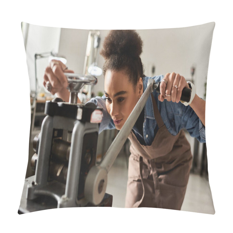 Personality  A Talented Woman Focuses Intently On Her Jewelry Making Process Using Precision Tools. Pillow Covers