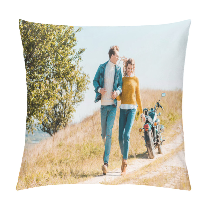 Personality  Happy Couple Running On Rural Meadow With Motorbike On Background Pillow Covers