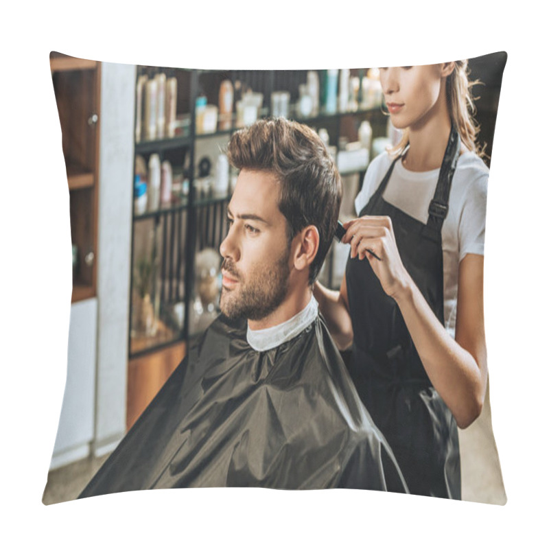 Personality  Cropped Shot Of Hairdresser Combing Hair To Handsome Young Man In Beauty Salon Pillow Covers