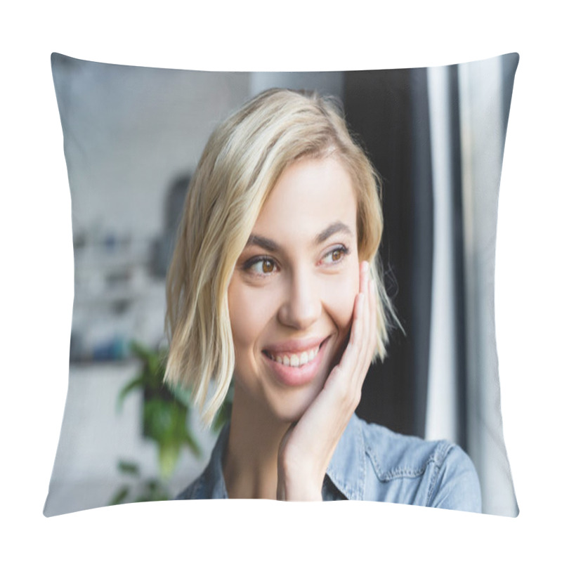 Personality  Portrait Of Smiling Blonde Woman Looking Out Window Pillow Covers